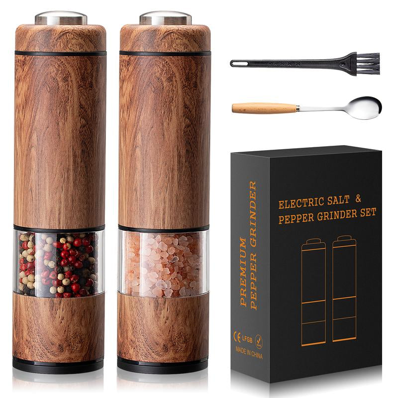 Yomelo Electric Salt and Pepper Grinder Set, Battery Operated Pepper Grinder with LED Light, One Handed Operation, Adjustable Coarseness, Slat and Pepper Shakers Set Electric (Wood Grain)