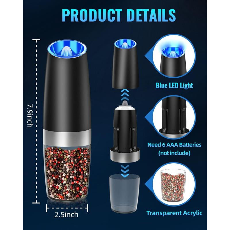 Pepper and Salt Grinder Set, Adjustable ,Battery Powered with LED Light ,Black ,Kitchen Seasoning Utensils ,Salt Shaker, Salt Dispenser