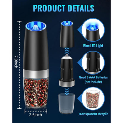 Pepper and Salt Grinder Set, Adjustable ,Battery Powered with LED Light ,Black ,Kitchen Seasoning Utensils ,Salt Shaker, Salt Dispenser