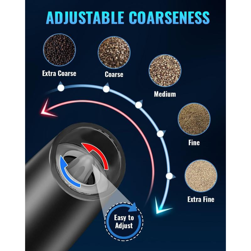 Pepper and Salt Grinder Set, Adjustable ,Battery Powered with LED Light ,Black ,Kitchen Seasoning Utensils ,Salt Shaker, Salt Dispenser