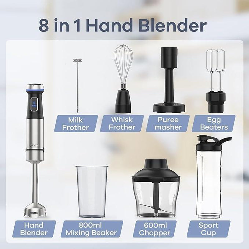 Big Promotion88Ganiza 8-In-1 Hand Blender - Contains 8 Parts, Maximum Power 1000W, Powerful Motor, 16 Speed Mode Electric Beater, Stainless Steel Blades, Equipped with 800Ml Blender Cup, 600Ml Chopper, Egg Beater, Milk Frother and Potato Masher.
