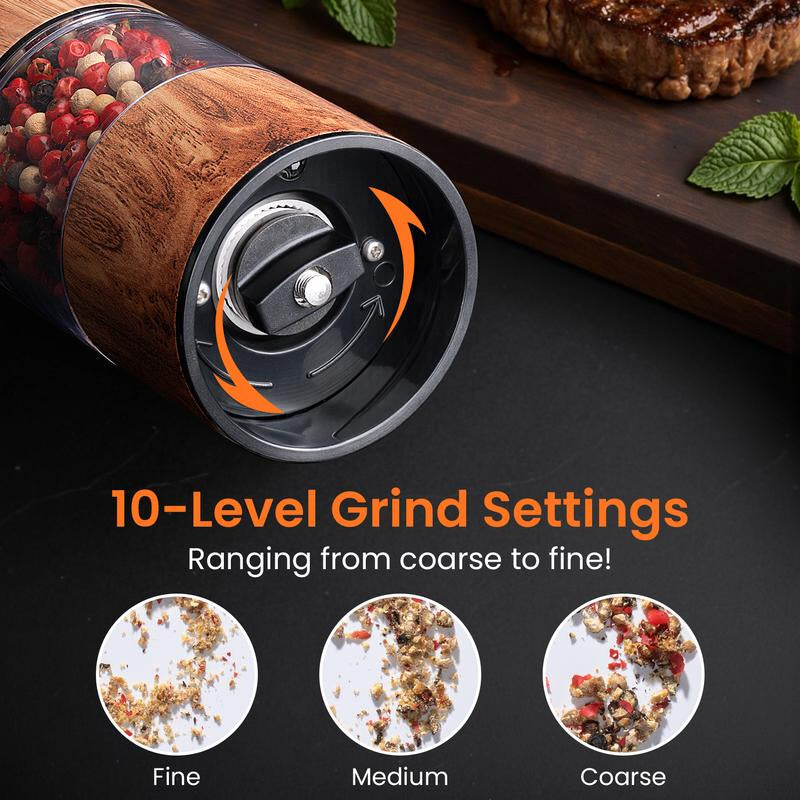Yomelo Electric Salt and Pepper Grinder Set, Battery Operated Pepper Grinder with LED Light, One Handed Operation, Adjustable Coarseness, Slat and Pepper Shakers Set Electric (Wood Grain)