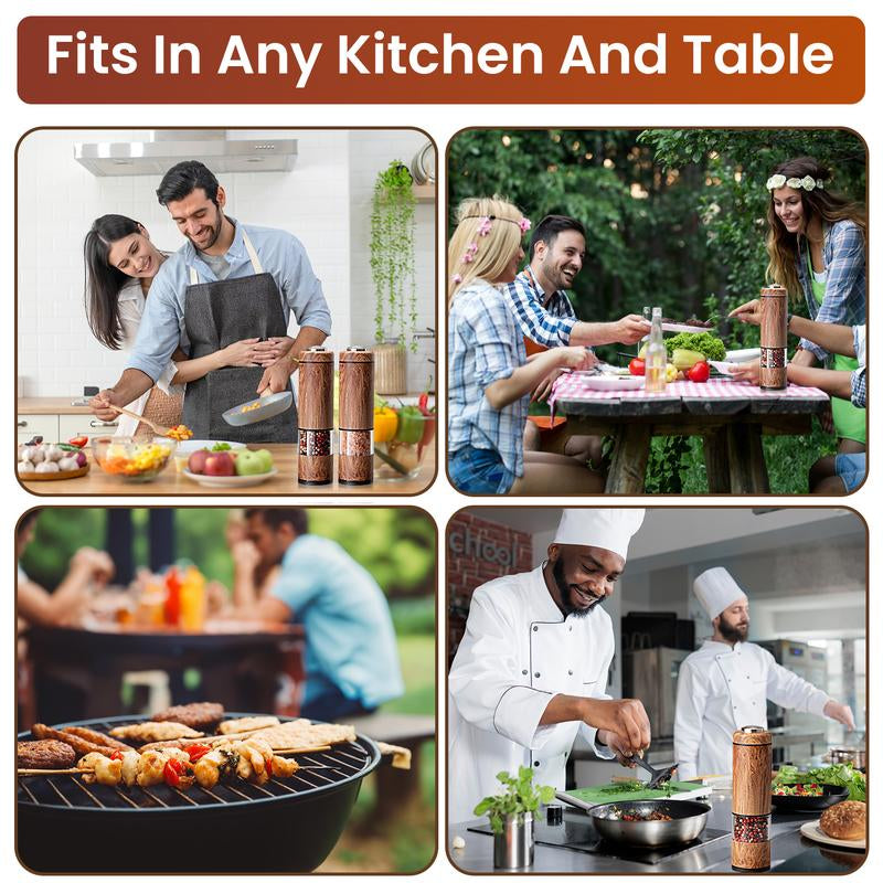 Yomelo Electric Salt and Pepper Grinder Set, Battery Operated Pepper Grinder with LED Light, One Handed Operation, Adjustable Coarseness, Slat and Pepper Shakers Set Electric (Wood Grain)