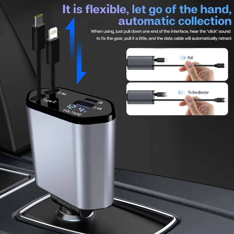 Retractable Car Charger 4 in 1(Updated)Usb C Fast Charging Adapter with Dual Charge Port, Lightning Cable, Compatible with Electronic Cellphone Mobile