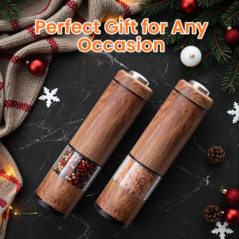 Yomelo Electric Salt and Pepper Grinder Set, Battery Operated Pepper Grinder with LED Light, One Handed Operation, Adjustable Coarseness, Slat and Pepper Shakers Set Electric (Wood Grain)