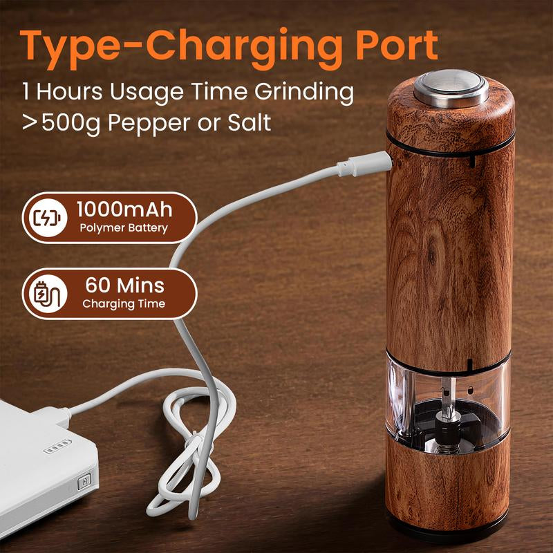 Yomelo Electric Salt and Pepper Grinder Set, Battery Operated Pepper Grinder with LED Light, One Handed Operation, Adjustable Coarseness, Slat and Pepper Shakers Set Electric (Wood Grain)