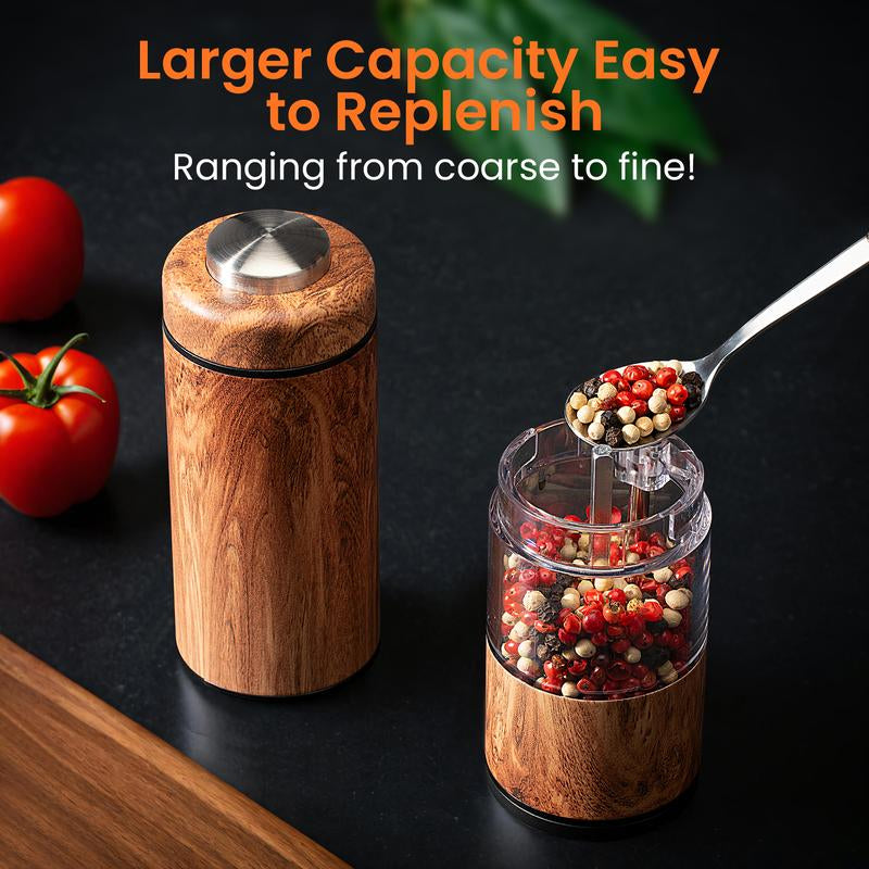 Yomelo Electric Salt and Pepper Grinder Set, Battery Operated Pepper Grinder with LED Light, One Handed Operation, Adjustable Coarseness, Slat and Pepper Shakers Set Electric (Wood Grain)