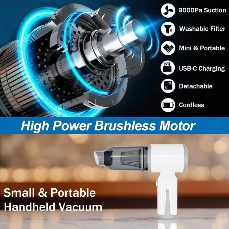 Mini Cordless Vacuum, Small Handheld Vacuum Cleaner 9000PA High Power Suction, Portable 3 in 1 Little Vacuum &Air Blower & Pump for Small Space at Home&Office Clean