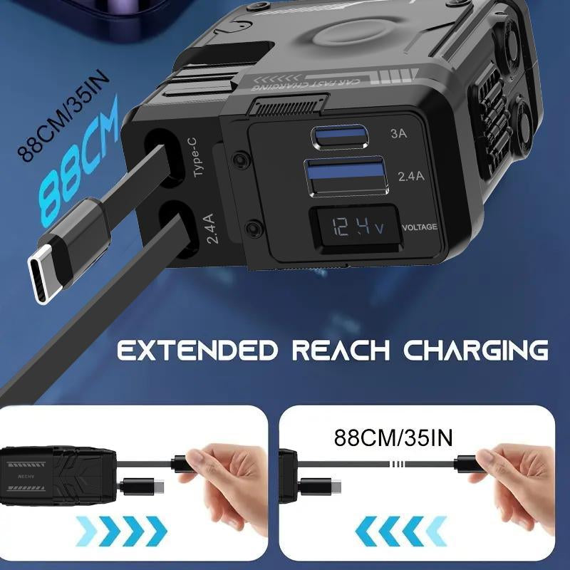 Retractable Car Charger 4 in 1(Updated)Usb C Fast Charging Adapter with Dual Charge Port, Lightning Cable, Compatible with Electronic Cellphone Mobile