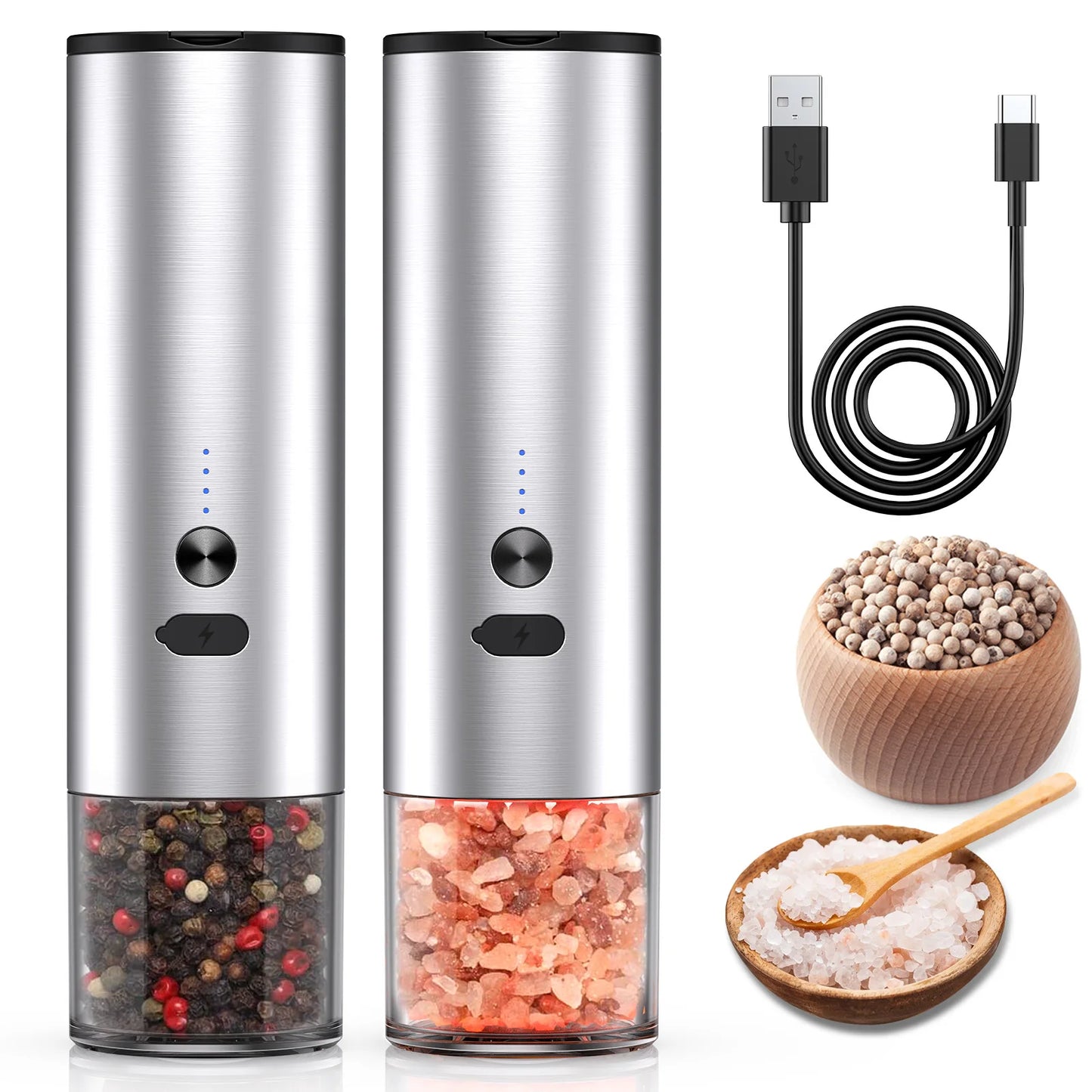 Electric Automatic Pepper Salt Grinder Type-C Rechargeable with LED Light Adjustable Coarseness Spice Mill for Kitchen Cooking