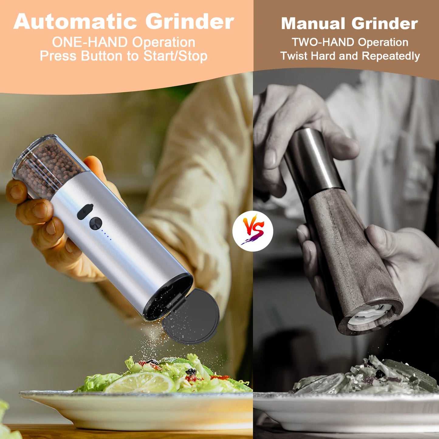 Electric Automatic Pepper Salt Grinder Type-C Rechargeable with LED Light Adjustable Coarseness Spice Mill for Kitchen Cooking