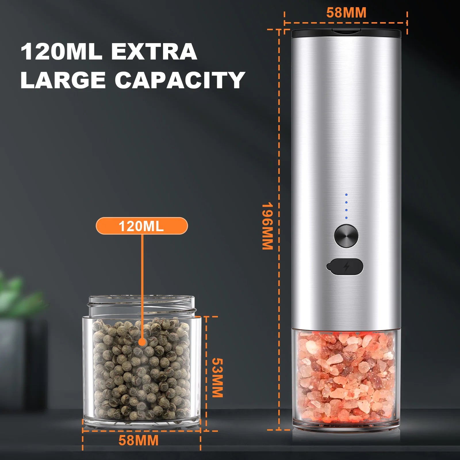 Electric Automatic Pepper Salt Grinder Type-C Rechargeable with LED Light Adjustable Coarseness Spice Mill for Kitchen Cooking