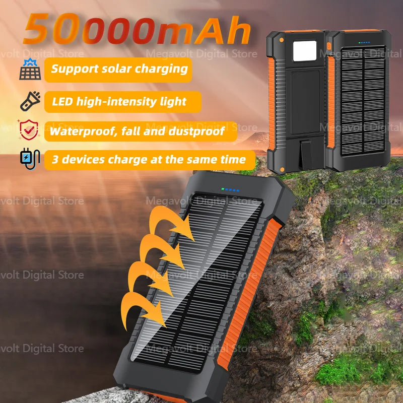 50000Mah Large-Capacity Portable Outdoor Power Bank Waterproof Solar Charging Emergency Power Bank for Iphone Samsung Xiaomi