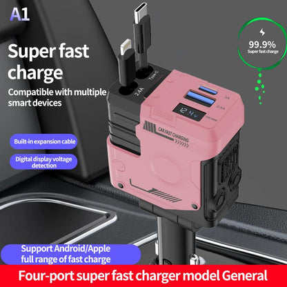 Retractable Car Charger 4 in 1(Updated)Usb C Fast Charging Adapter with Dual Charge Port, Lightning Cable, Compatible with Electronic Cellphone Mobile