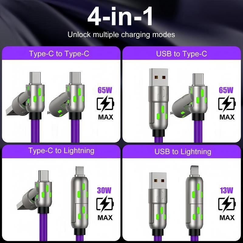 [Buy 1 Get 1 Free] 6.6Ft 4-In-1 Multi USB Charging Cable with USB A,Type C,Lightning-Max65W Fast Charging & Data Sync for Iphone16/15,Ipad Pro, Fast Charger Usb Cable 4-In-1 Fast Breathing Light -Max 1 Usb-C Data 4 1 Charging Cable