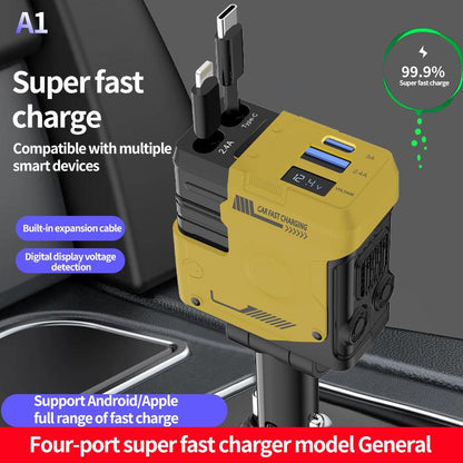 Retractable Car Charger 4 in 1(Updated)Usb C Fast Charging Adapter with Dual Charge Port, Lightning Cable, Compatible with Electronic Cellphone Mobile