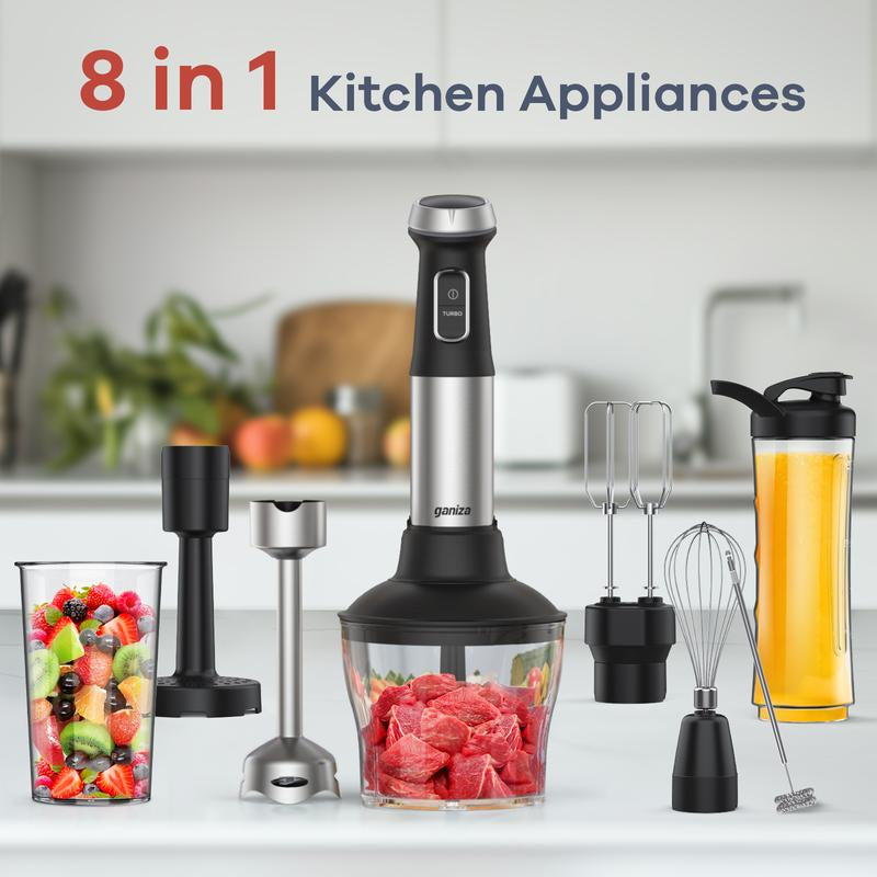 Big Promotion88Ganiza 8-In-1 Hand Blender - Contains 8 Parts, Maximum Power 1000W, Powerful Motor, 16 Speed Mode Electric Beater, Stainless Steel Blades, Equipped with 800Ml Blender Cup, 600Ml Chopper, Egg Beater, Milk Frother and Potato Masher.