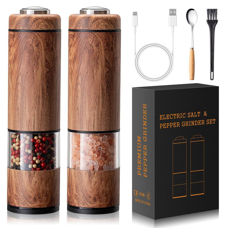 Yomelo Electric Salt and Pepper Grinder Set, Battery Operated Pepper Grinder with LED Light, One Handed Operation, Adjustable Coarseness, Slat and Pepper Shakers Set Electric (Wood Grain)