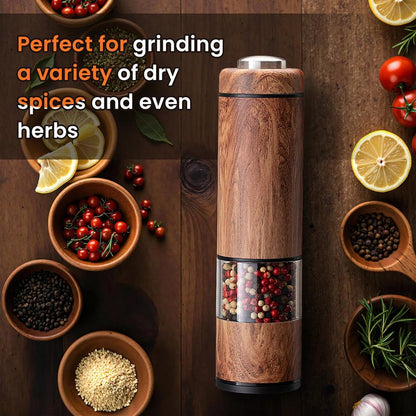 Yomelo Electric Salt and Pepper Grinder Set, Battery Operated Pepper Grinder with LED Light, One Handed Operation, Adjustable Coarseness, Slat and Pepper Shakers Set Electric (Wood Grain)