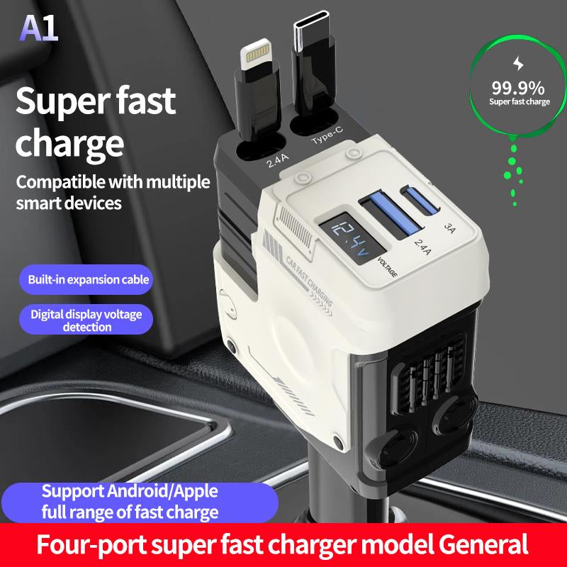 Retractable Car Charger 4 in 1(Updated)Usb C Fast Charging Adapter with Dual Charge Port, Lightning Cable, Compatible with Electronic Cellphone Mobile