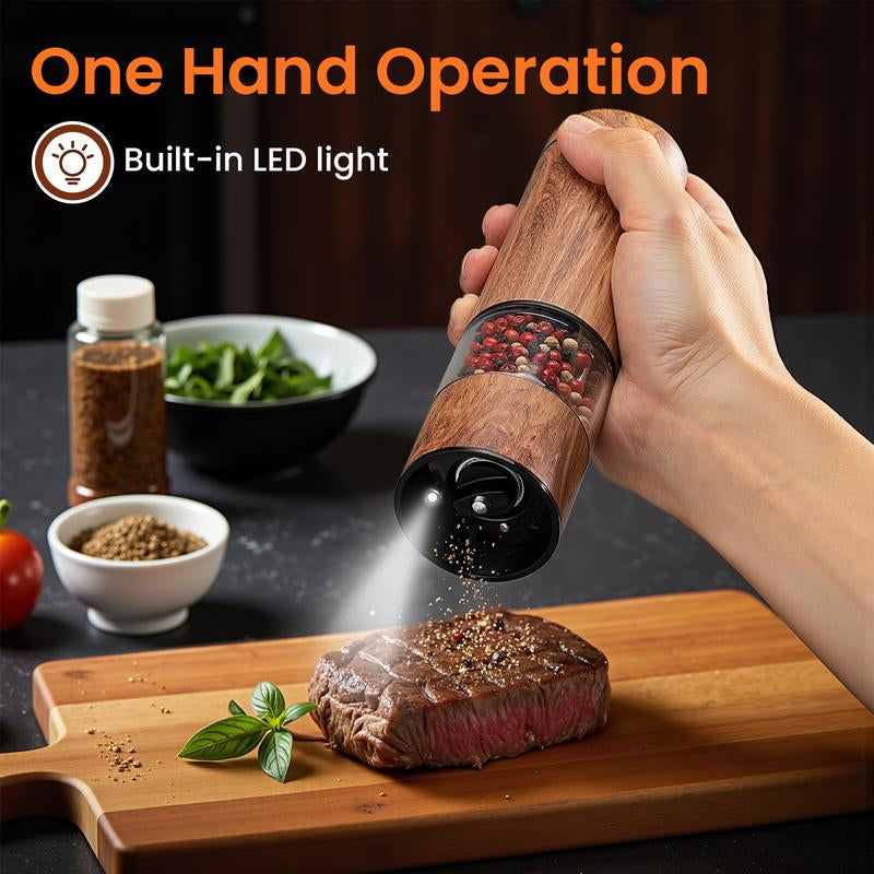 Yomelo Electric Salt and Pepper Grinder Set, Battery Operated Pepper Grinder with LED Light, One Handed Operation, Adjustable Coarseness, Slat and Pepper Shakers Set Electric (Wood Grain)